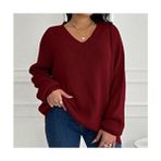 Büyük Beden Kadın Triko Kazak Efendix V Yaka Kırmızı Renk Düz Desen Casual Stil - Bordo - XL