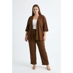 Büyük Beden Kimono Hırkalı 2’li Takım – Bürümcük Kumaş Oversize Şık Set-Kahverengi-L