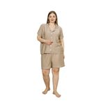 Büyük Beden Kısa Kollu Dokuma Gömlek Pijama Takımı- Geniş Beden Aralığı - Bej 4XL