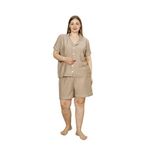 Büyük Beden Kısa Kollu Dokuma Gömlek Pijama Takımı- Geniş Beden Aralığı - Bej 5XL