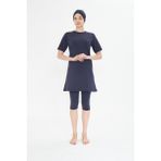 Büyük Beden Kısa Kollu Likralı Yarı Kapalı Tesettür Mayo Lacivert 3484B-L - 5XL