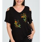 Büyük Beden Koi Fish Baskılı Omuzu V Pencere Kısa Kol Bluz