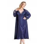 Büyük Beden Lacivert Uzun İkili Saten Sabahlık Gecelik Takımı - LACİVERT - 4XL