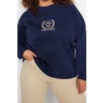 Büyük Beden Oversize Bisiklet Yaka Reglan Kol Kalın İçi Polarlı Nakış Detaylı Örme Sweatshirt