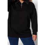 Büyük Beden Oversize Fermuarlı Yaka Düşük Kol Uzun Kalın İçi Polarlı Fermuarlı Örme Sweatshirt