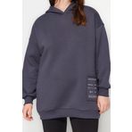 Büyük Beden Relaxed Kapüşonlu Düşük Kol Regular Slogan Detaylı İçi Polar Kalın Örme Sweatshirt