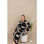 Büyük Beden Siyah Beyaz Desenli Düğmeli Uzun Kol Viskon Pijama Takımı
