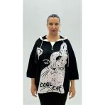 Büyük Beden Taşlı Fiyonk Detaylı Cepli Kapüşonlu Kapri Kol Oversize Kadın Sweatshirt