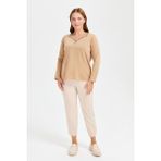 Büyük Beden Taşlı Triko Kazak-CAMEL - XL