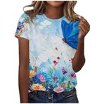Büyük beden tişört, kadın, beyaz, kelebek baskılı, kısa kollu, tunik bluz, yazlık tişört, gündelik, yuvarlak yaka, gömlek, bluz, basic üst giyim, bol, gündelik, bluz, üst giyim, Gök mavisi #2, XL