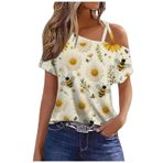 Büyük beden tişört, kadın, seksi, omzu açık, kısa kollu, tunik bluz, tişört, moda, renkli baskı, yazlık tişört, genç, kız spor tişörtü, bol, boş zaman, gömlek, bluz, üst giyim, 3 gri, S