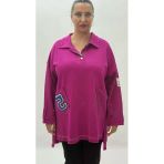 Büyük Beden Yakalı Cepli Sloganlı Uzun Kol Oversize Viskon Kadın Tunik Sweatshirt