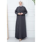 Büyük Beden Yaprak Taşlı Anne Elbisesi Füme HM2350 - 44