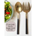 Büyük Boy Çelik Servis Kaşığı Servis Çatalı 27 cm 2li Set - Gold