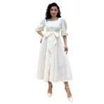 Büyük Fiyonklu Kare Yaka Kloş Poplin Elbise (Beyaz, XL)
