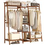Büyük kapasiteli bambu elbise rafı, saklama rafları ve kancaları ile birlikte, 130 x 40 x 140 cm, ayakkabı rafı dahil, koridor, oturma odası, yatak odası için idealdir.