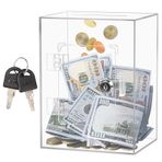 Büyük kumbara 15 x 12 x 20 cm, kilitli ve anahtarlı şeffaf akrilik kutu, 400 bozuk para ve 700 banknot alır, yetişkinler ve çocuklar için, ofis ve ev için
