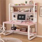 Büyük Metal Çerçeve Depolama Rafı Masa - Kitaplık ve Kafesli Modern Bilgisayar İş İstasyonu Pegboard ile Şık Yazı Çalışma Masası (Pembe ve Beyaz 110 cm x 59 x 177 cm)
