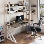 Büyük PC Masası Hutch Ev Ofis İş İstasyonu Oyun Masası Çalışma Yazı Masası Metal Çerçeve Depolama Rafı Modern Tasarım (Beyaz ve Mani Gri L100CM)