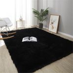 Büyük Siyah Tüylü Parça Halı, Yumuşak Kaymaz, Yıkanabilir, Oturma Odası ve Yatak Odası için Düz Renk Halı, Peluş Uzun Tüylü (100 x 200 cm) - Ev Dekoru için Mükemmel