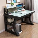 Büyük Temperli Cam Bilgisayar Masası - Depolama Raflı Modern Ofis Masası Metal Çerçeve Oyun Masası Ev Ofis İş İstasyonu için Şık Yazı Çalışma Masası (47 inç / 120 cm)