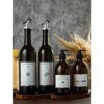 Büyülü Home Ahşap Stantlı 6 Parça 2li 750 ml Zeytinyağı Ayçiçek Yağı ve 2 Li Sıvı Sabun Bulaşık Deterjanı Cam Şişe Yağlık Sıvısabunluk - Amber