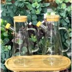 Büyülü Home Bambu Vakum Kapaklı Ahşap Stantlı 900 ml 2 Li Yağdanlık - Akrilik - 1 lt