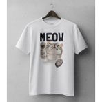 Buzagi Meow Sevimli Kedi Oversize Kalıp Dijital Baskılı Beyaz Tişört - XL
