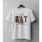 Buzagi Stay Fat Sevimli Kedi Oversize Kalıp Dijital Baskılı Beyaz Tişört