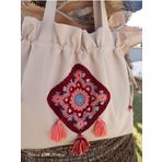 Büzgülü, Bordo Otantik Kare Motifli Tote Bez Omuz Çantası