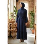Büzgülü Dokulu Kuşaklı Elbise 2242-01 Lacivert - 38 - 40