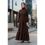 Büzgülü Dokulu Kuşaklı Elbise 2242-02 Kahverengi - 38 - 40