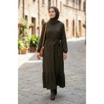 Büzgülü Dokulu Kuşaklı Elbise 2242-03 Haki - 42 - 44