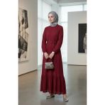 Büzgülü Dokulu Kuşaklı Elbise 2242-06 Bordo - 50 - 52