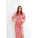 Büzgülü Saten Elbise - Pembe
