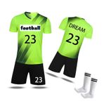 BVCL Çocuklar için futbol forması, jarse, futbol tişörtü, şort ve çorap, çocuklar için dış mekan futbol jarsesi, kendi adı, numarası ve logolu genel jarse (yeşil, 1_4 parçalı set)