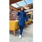 Bwest 71158 İndigo Fermuarlı Kapşonlu Dantel Desenli Tunik Pantolon İkili Spor Takım