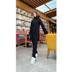 Bwest 71158 Siyah Fermuarlı Kapşonlu Dantel Desenli Tunik Pantolon İkili Spor Takım