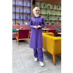 Bwest Kapşonlu Düğmeli Sade Basic Uzun Tunik Ve Pantolon Ikili Spor Takım - .207 - Koyu Lila