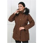 By Alba Collection Kadın Kahverengi Bondit Kumaş Kürk Kapüşonlu Büyük Beden Mont