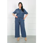 By Alba Collection Kadın Lacivert Beli Lastikli Soft Keten Büyük Beden Pantolon