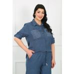 By Alba Collection Kadın Lacivert Cebi Taşlı Soft Keten Büyük Beden Gömlek