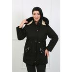 By Alba Collection Kadın Siyah Gabardin Kumaş İçi Yün Büyük Beden Mont