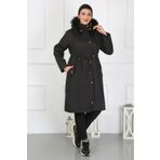 By Alba Collection Kadın Uzun Bondit Kumaş Içi Kıvırcık Büyük Beden Mont Siyah