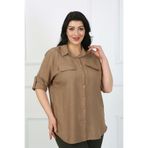 By Alba Collection Kadın Vizon Kapak Cepli Soft Keten Büyük Beden Gömlek