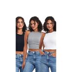 BY COMEOR Kadın Siyah-Gri-Beyaz Fitilli Görünümlü Askılı Kalın Esnek Örme 3'lü Basic Crop Atlet Bluz XS
