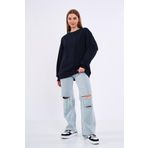 BY COMEOR Lacivert Kadın Pamuklu Oversize Basic Bisiklet Yaka Sweatshirt L