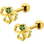 By Dilek Çetin Accessory Çelik Yeşil Taşlı Yonca Model Kıkırdak Helix Tragus Piercing - Altın