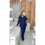 By Gamze Arman Lacivert Renk Pamuk Kumaş Pileli Hamile Lohusa Pijama Takımı - XL