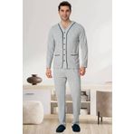 by HW Erkek Gri Önden Düğmeli Yazlık Büyük Beden Pijama Takımı